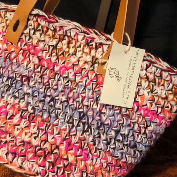 Handmade Crochet Multicolor Market Basket Tote Tan Faux Leather Straps - Picture 2 of 7